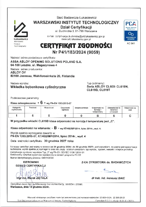 PL ABLOY Cert 2024 seria CL600_ CL619N CL619B CL619T